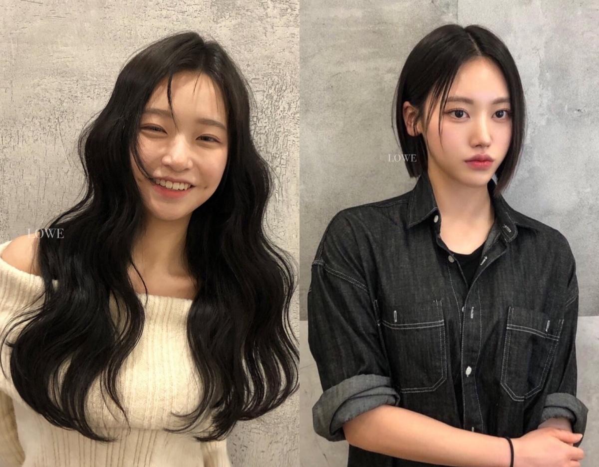 split before-and-after collage showing two hair styles: left long wavy black hair over cream sweater, right straight chin-length bob with dark denim shirt