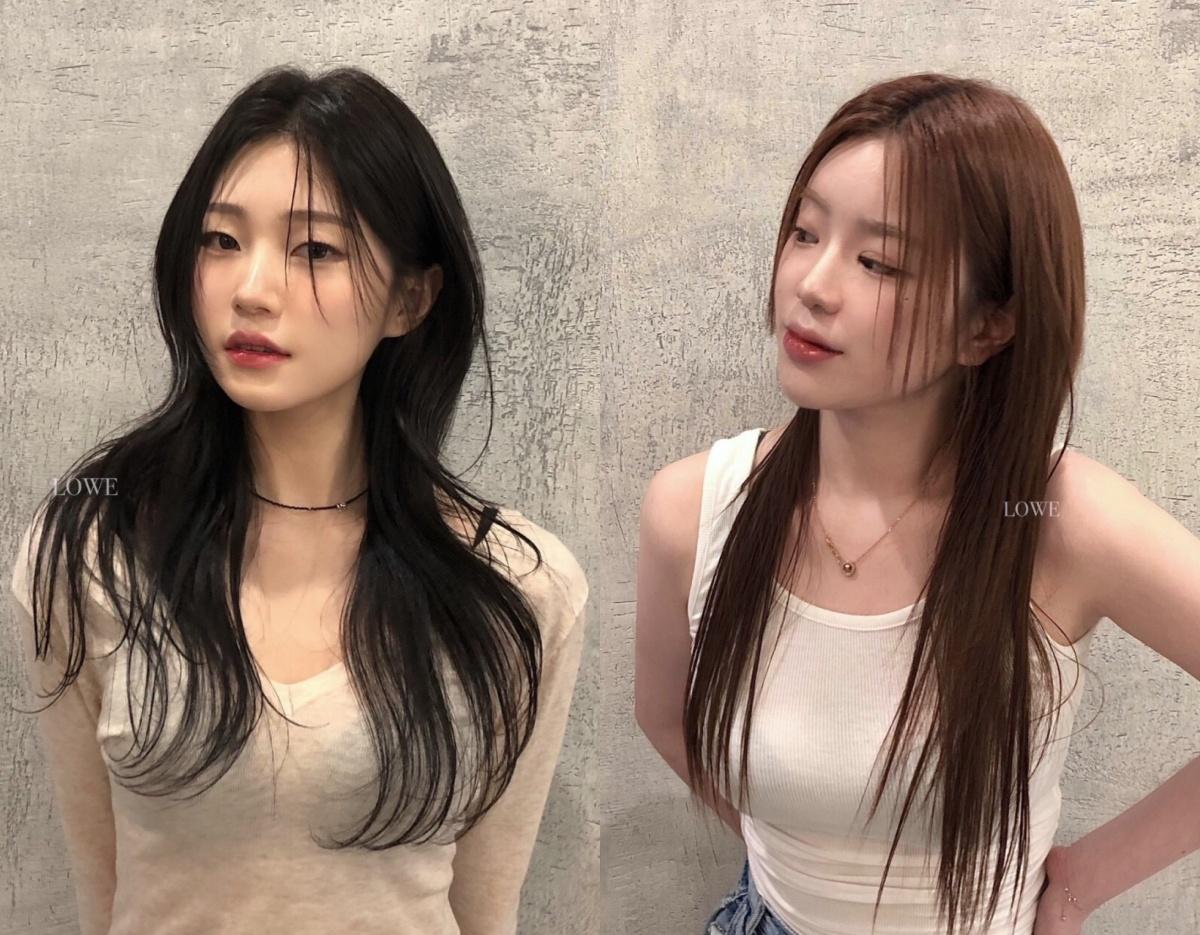 side-by-side before-and-after salon shots showing layered black shoulder-length hair on left and long straight brown hair on right