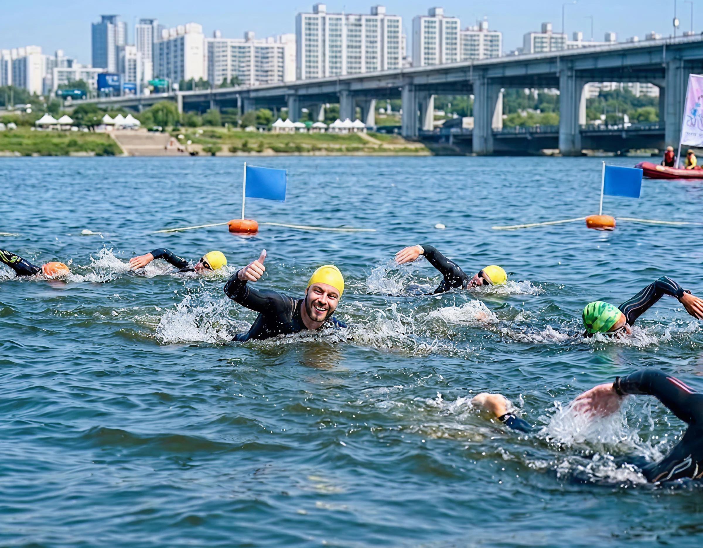 swimmers in wetsuits and yellow or green caps racing across the Han River with bridge and city skyline in background