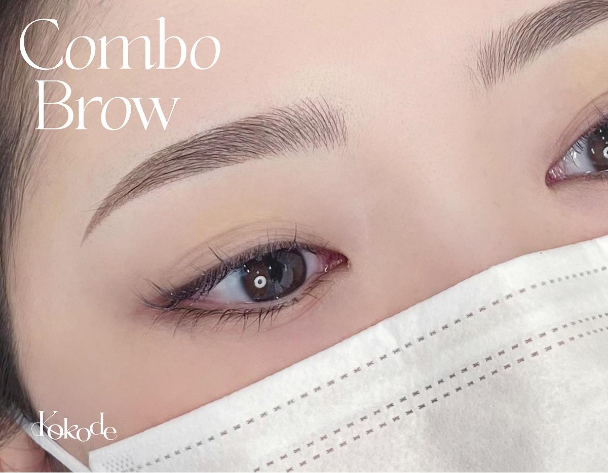 Close-up of a woman's eyes and freshly microbladed combo brows, natural hairlike strokes, wearing a white face mask