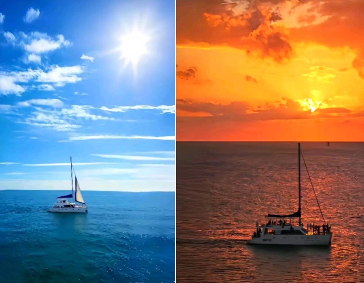 Split image showing a white sailing catamaran on blue midday sea (left) and the same style yacht cruising at orange sunset with passengers (right)