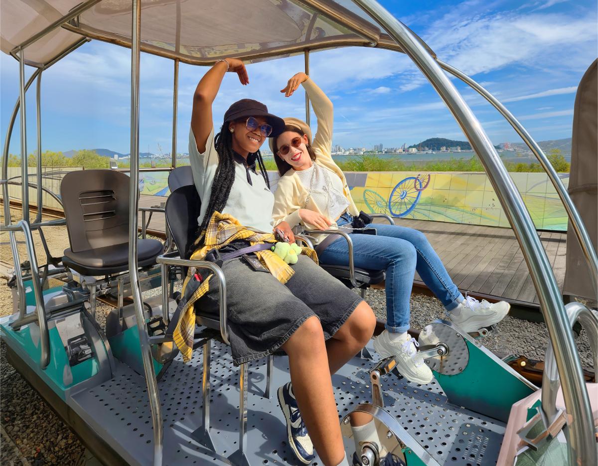Two people seated on a seaside railbike pedaling together under a canopy, city skyline and painted barrier in background