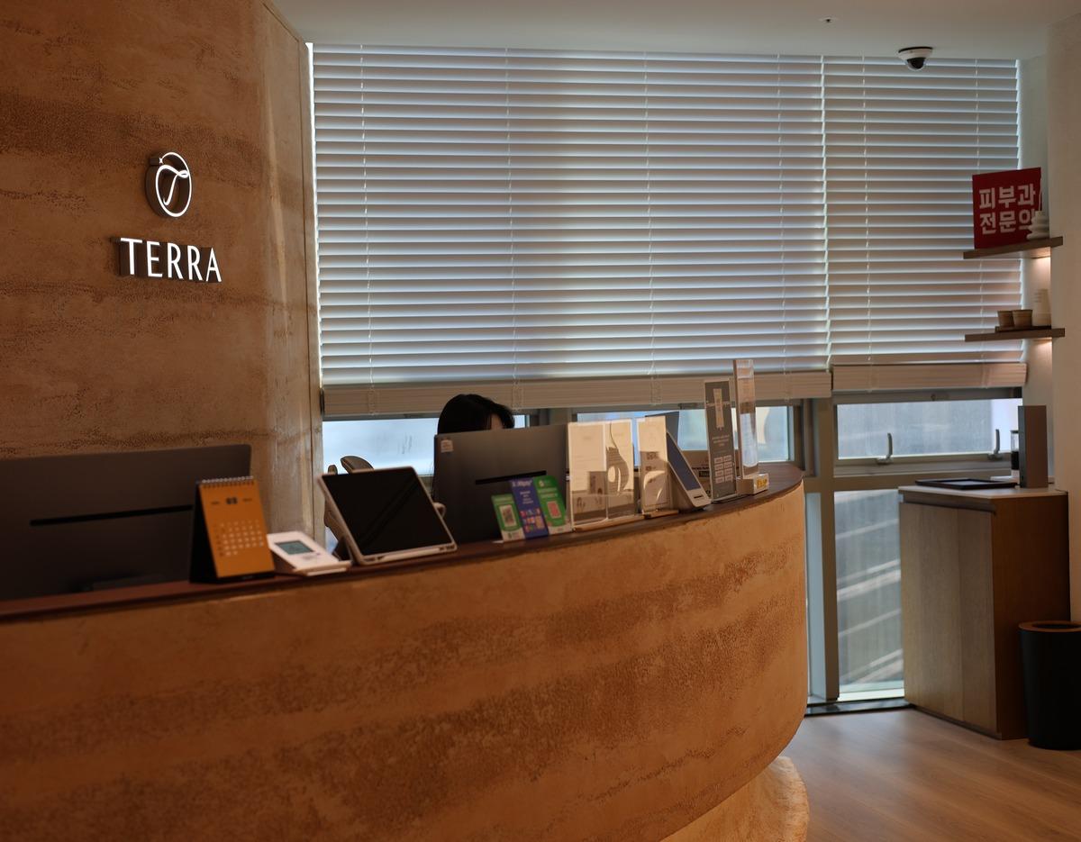 Terra clinic curved reception desk with computers, brochures, blinds-covered window and illuminated "TERRA" logo on textured wall