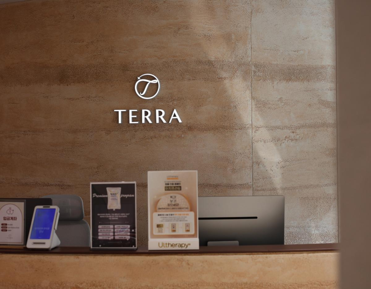 Terra clinic illuminated logo on textured beige wall above reception desk with promotional displays and computer monitor