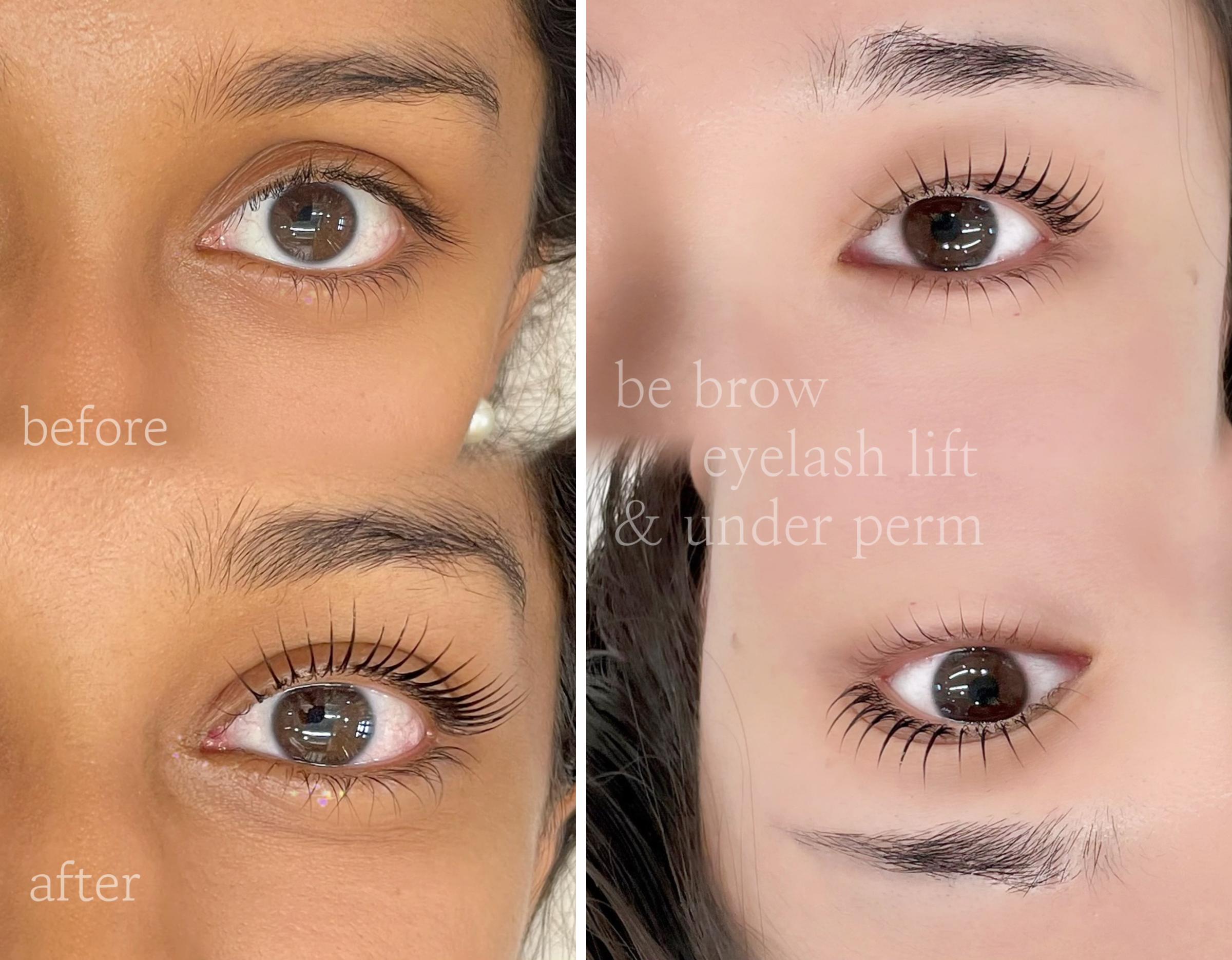 close-up of a woman's right eye with curled, lifted dark eyelashes and a natural-shaped eyebrow, labeled "eyelash lift