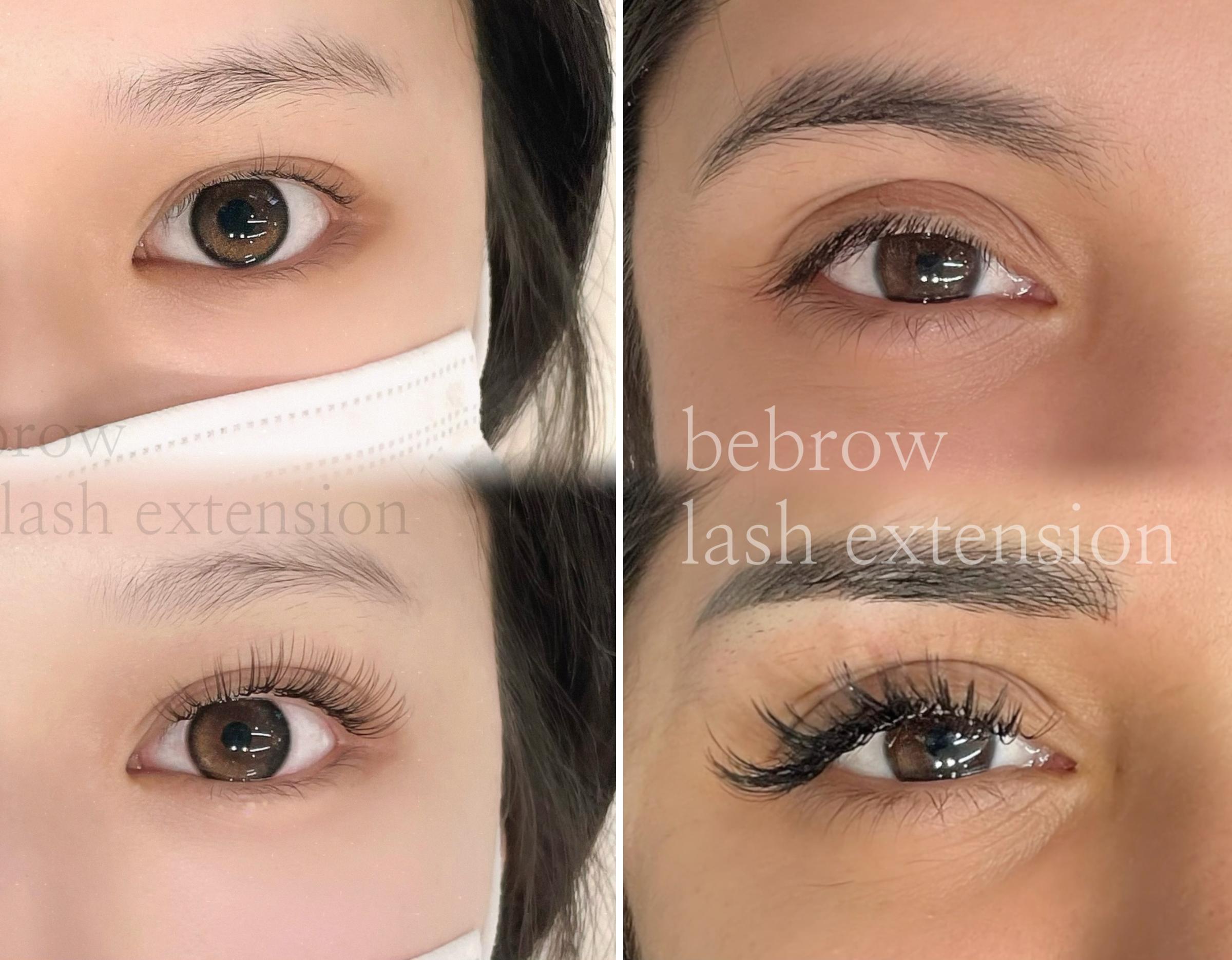 left column before-and-after: natural lashes to curled, longer lashes; right column male before and female after with fuller eyelash extensions.