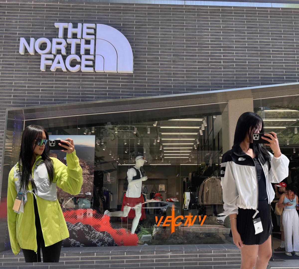 The North Face HANNAM premium store interior with mannequins, racks of jackets, shirts, backpacks and branded logo wall behind counter