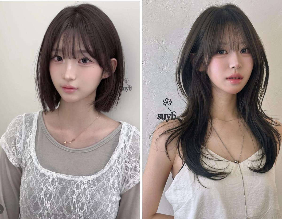 split before-and-after image showing two female models with blurred faces: left short blunt bob with soft bangs, right long layered haircut with face-framing curtain bangs