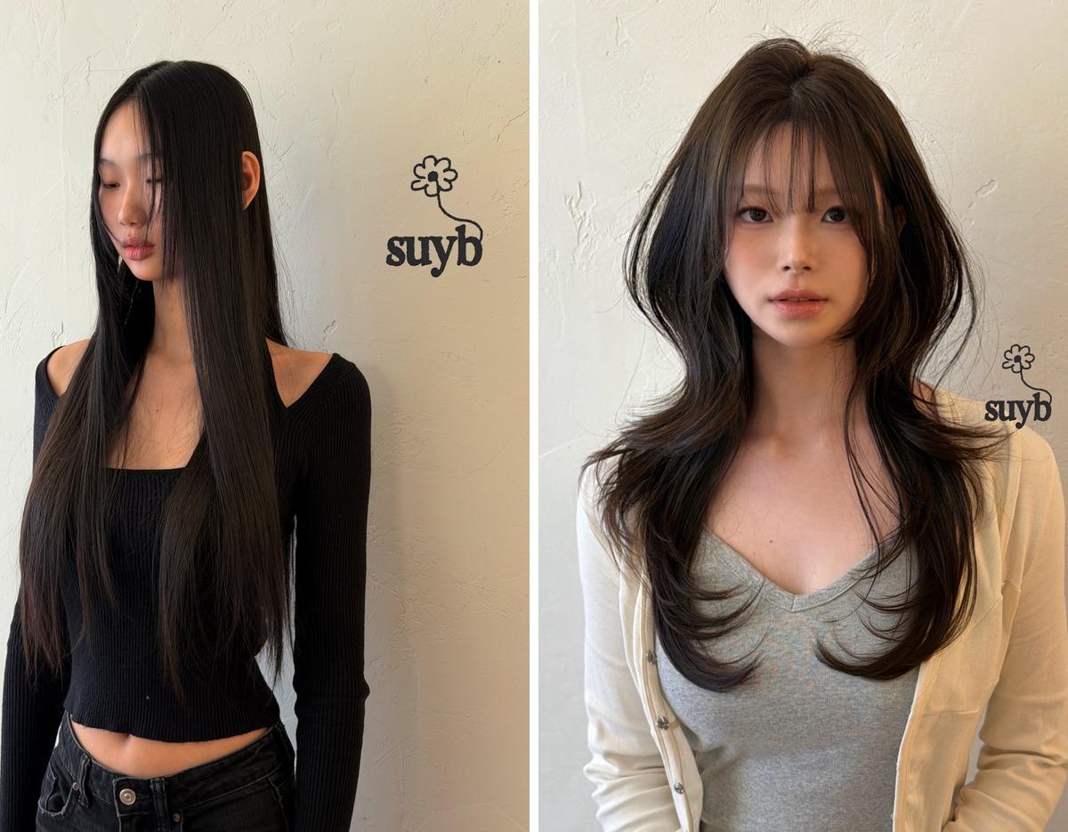 split before-and-after salon comparison showing long straight black hair on left and layered wavy shoulder-grazing cut on right, "suyb" logo visible
