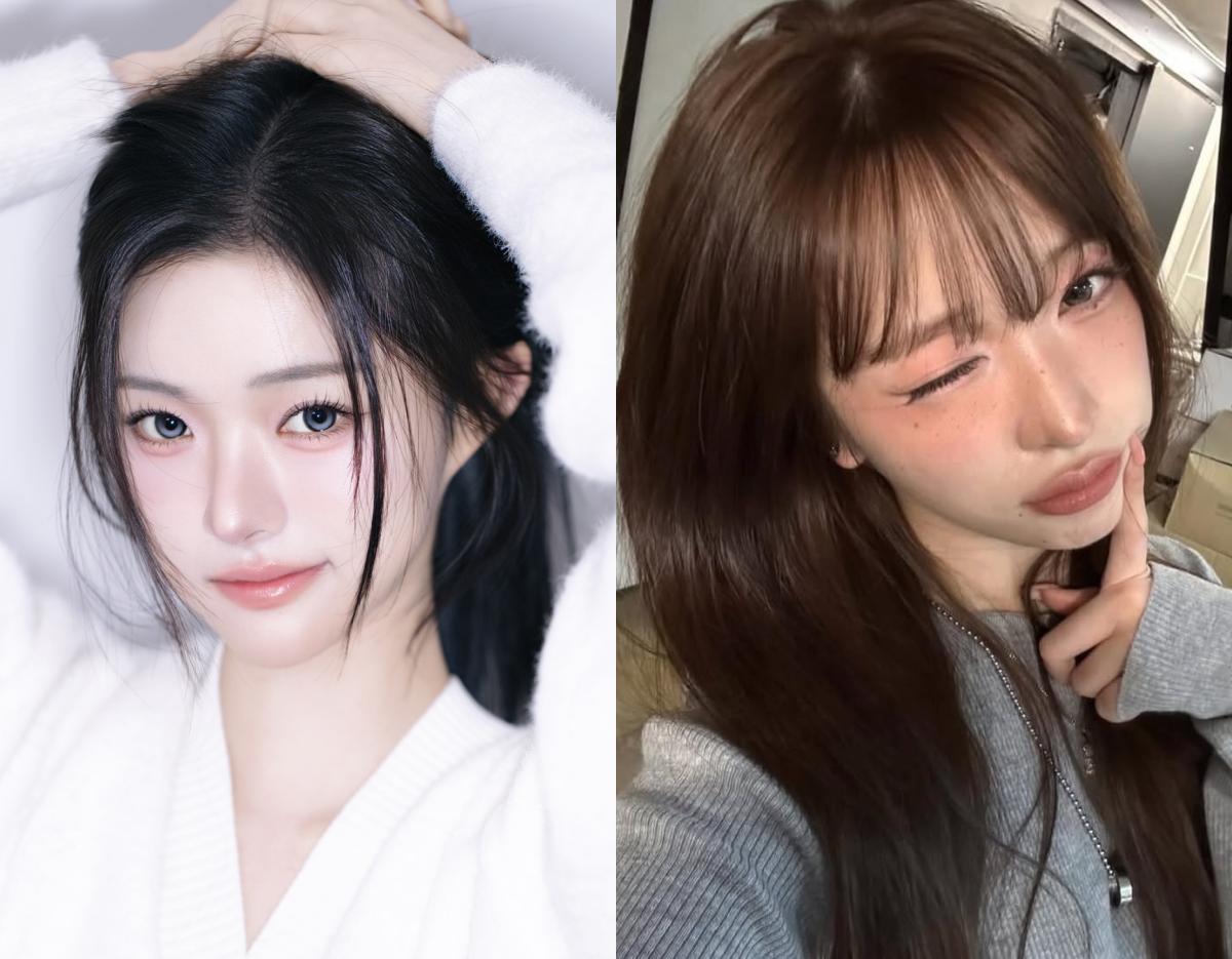 split-view before-and-after showing dark tied-back hair on left and long smooth brown styled hair on right