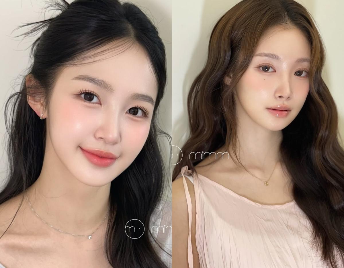 left-side before-and-after comparison showing dark straight hair tied back and right-side wavy light-brown glossy styled hair on mannequin-like models