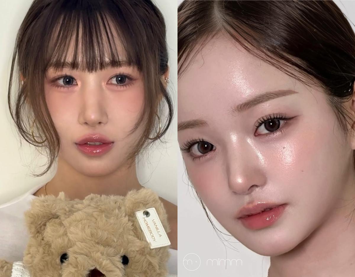 two cropped photos showing models with shoulder-length brown hair holding a beige teddy bear, showcasing natural K-beauty hairstyling and soft waves