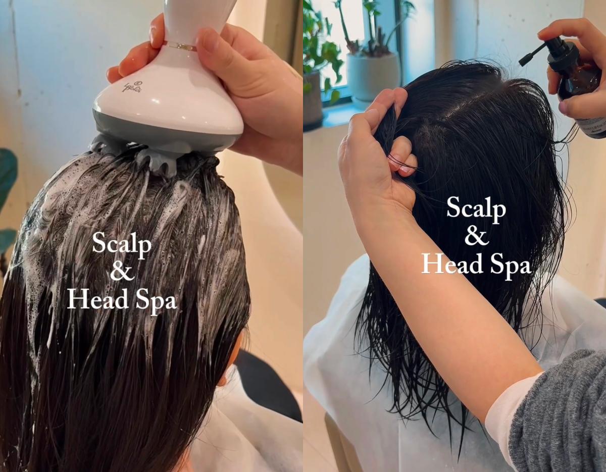 split image showing scalp and head spa treatment: handheld scalp massager lathers hair (left) and stylist applying serum to wet hair (right)