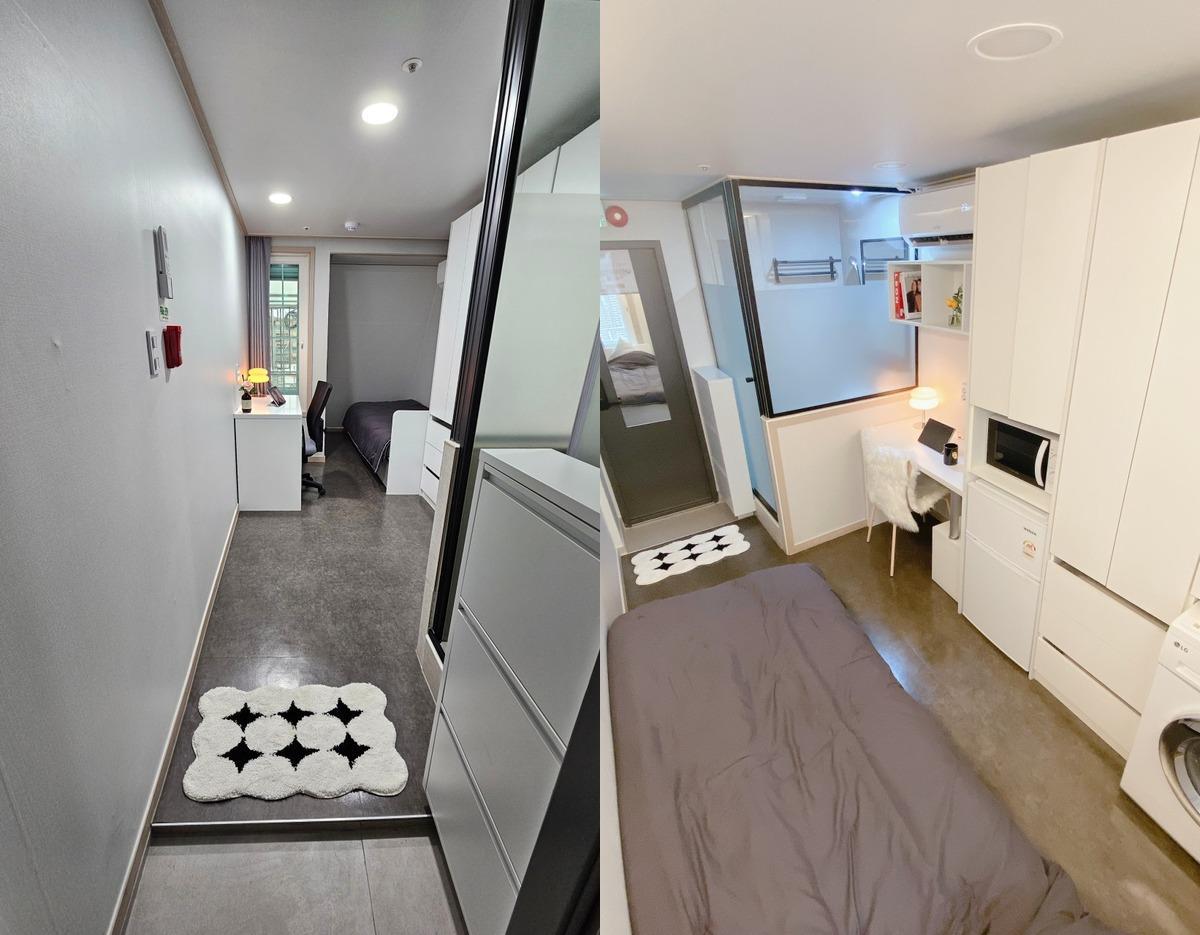 Noryangjin studio room with narrow entry, white kitchenette and wardrobe, desk, bed with gray bedding, and washing machine.