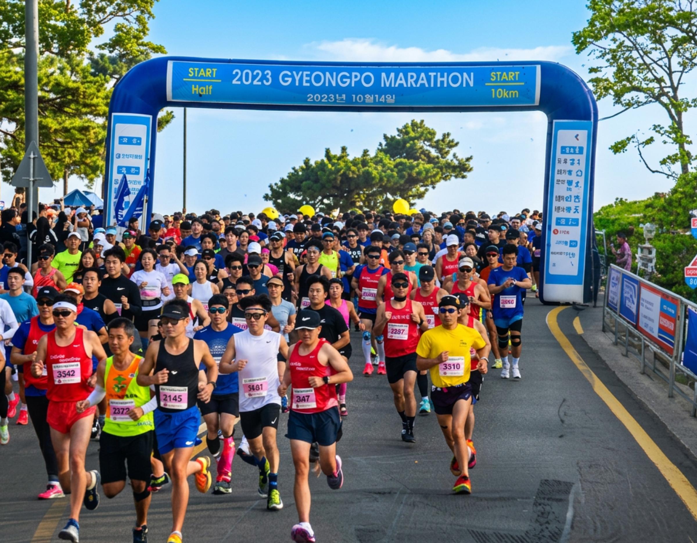 2023 Gyeongpo Marathon start line with crowded runners in colorful gear racing past an inflatable arch by the seaside