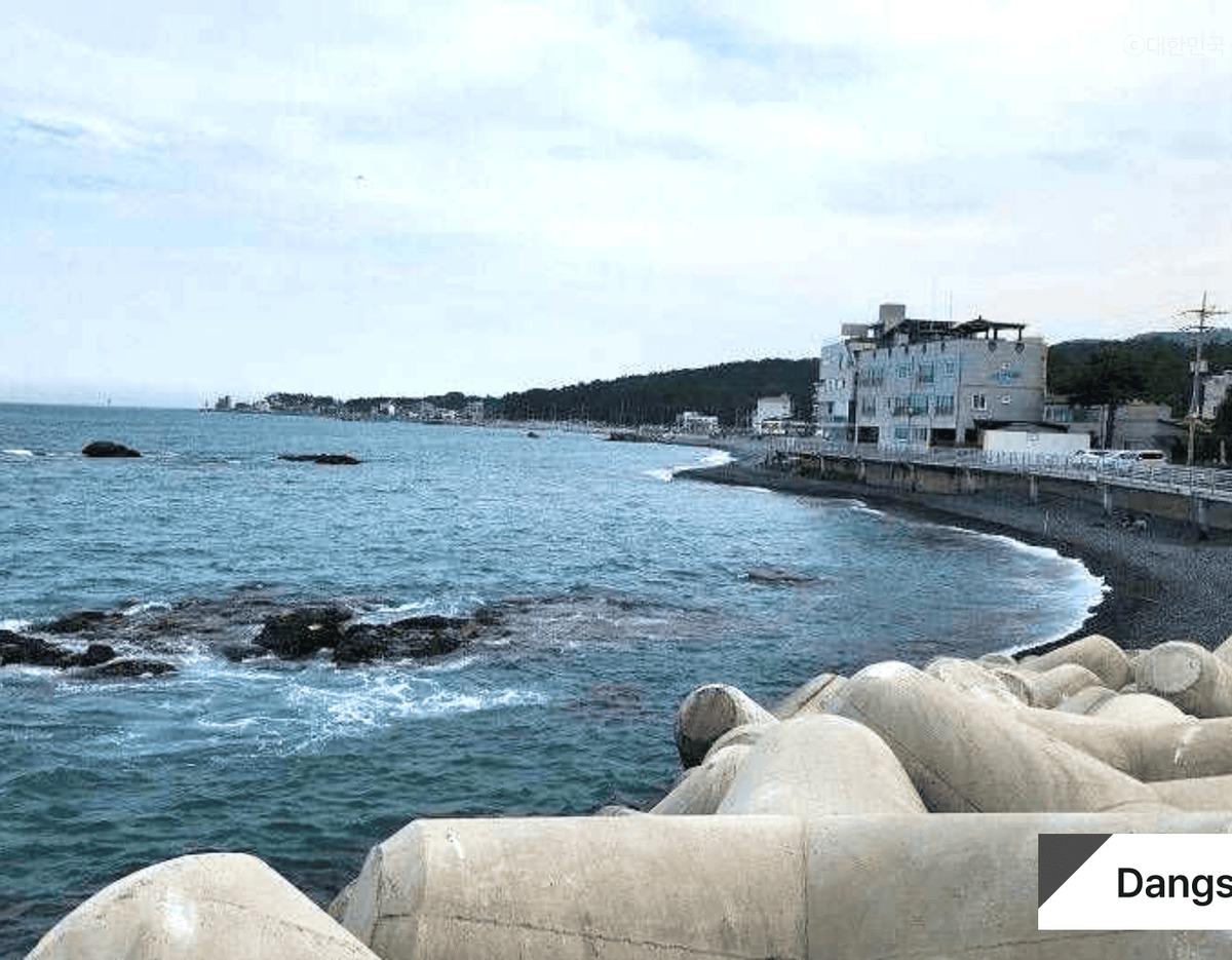 Ulsan coastline with concrete tetrapod breakwater in foreground, blue sea, rocky shore and low coastal buildings under cloudy sky
