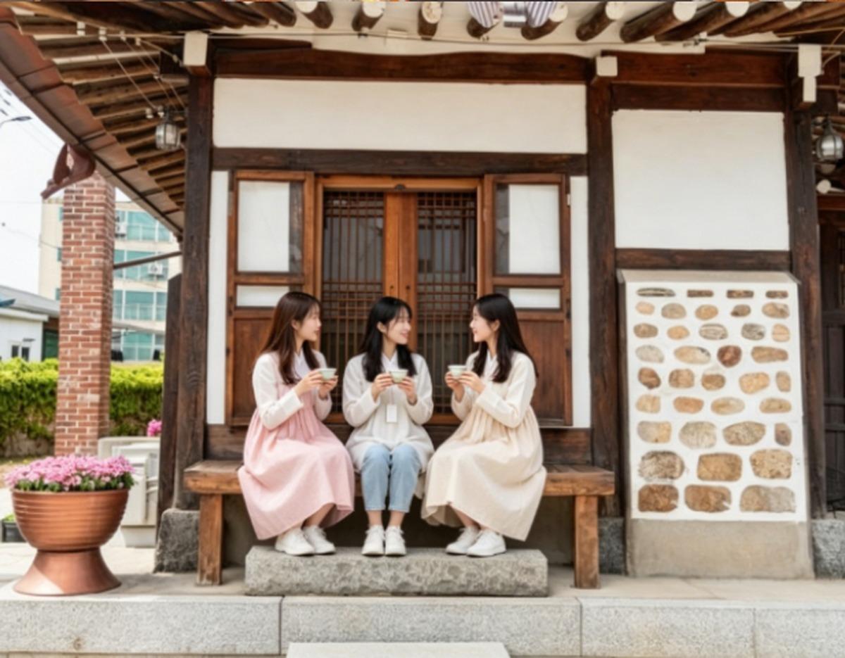 Three women in traditional-style dresses sitting on a wooden bench outside a hanok, sipping cups of turnip tea.