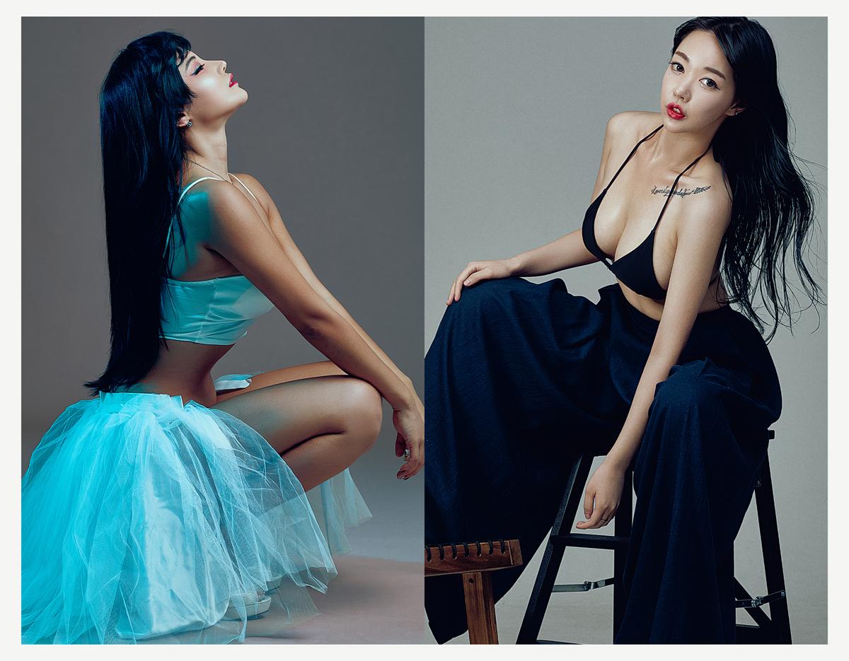 Split-frame studio portrait showing same model in two poses: left kneeling in white crop top and blue tulle skirt, right seated in black bralette and wide pants.