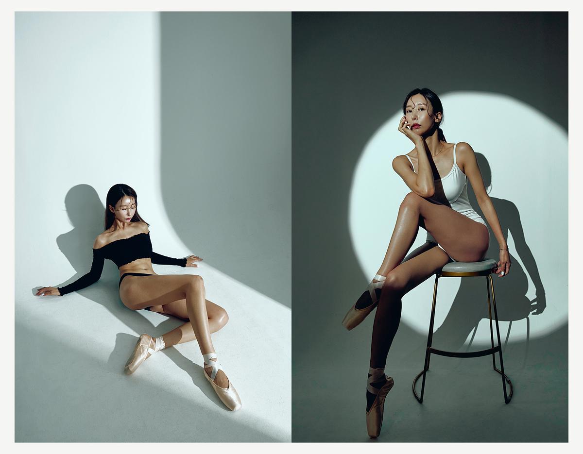 Split-frame studio portrait of a female dancer in pointe shoes: left reclining in black crop top, right seated on stool in white leotard.