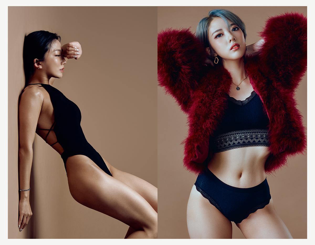 diptych of two models in a private studio: left leaning against wall in black strappy bodysuit, right wearing black lace bralette and briefs with red fur jacket