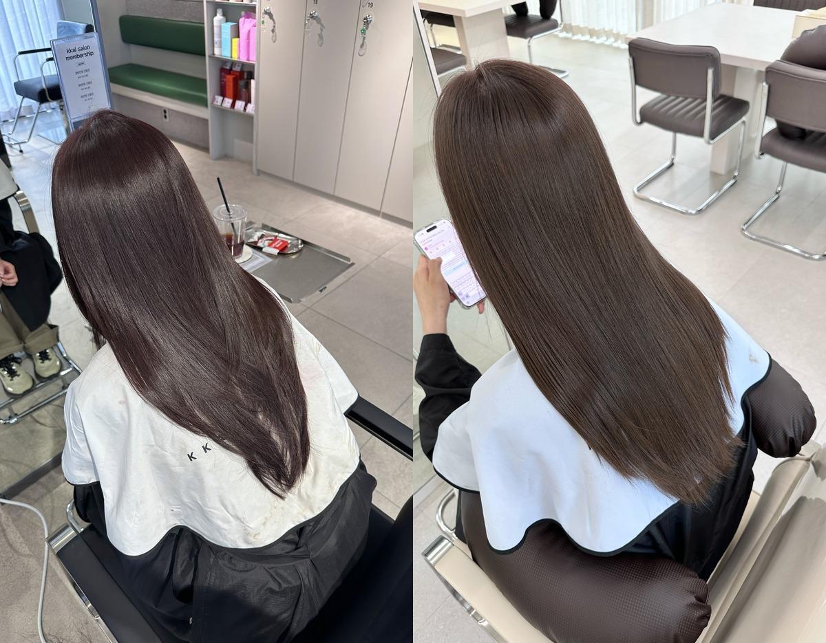 split before-and-after salon view showing long, straight glossy brown hair on a client wearing a white salon cape in a modern Gangnam salon