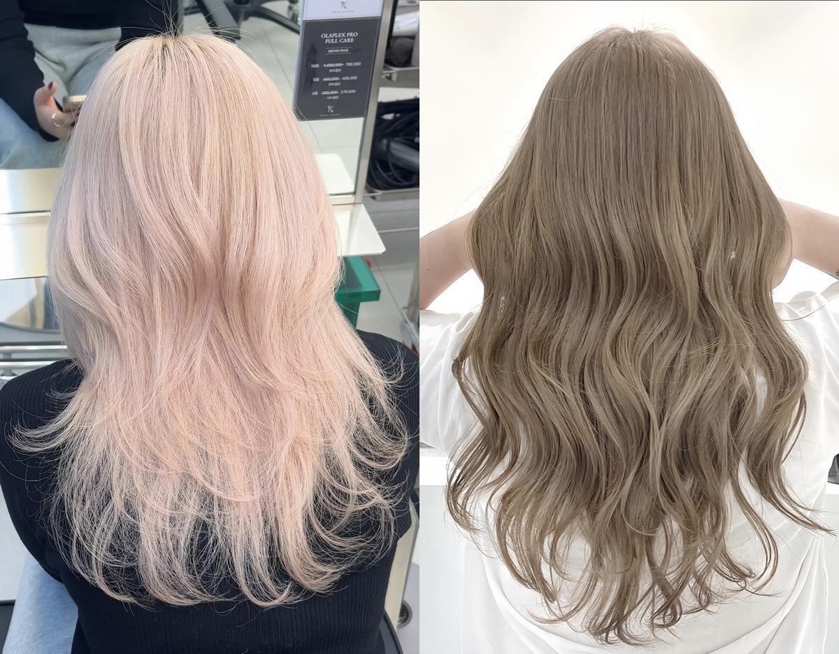 side-by-side back views of two colored hairstyles: pastel platinum layered lob (left) and long ash beige wavy color (right)