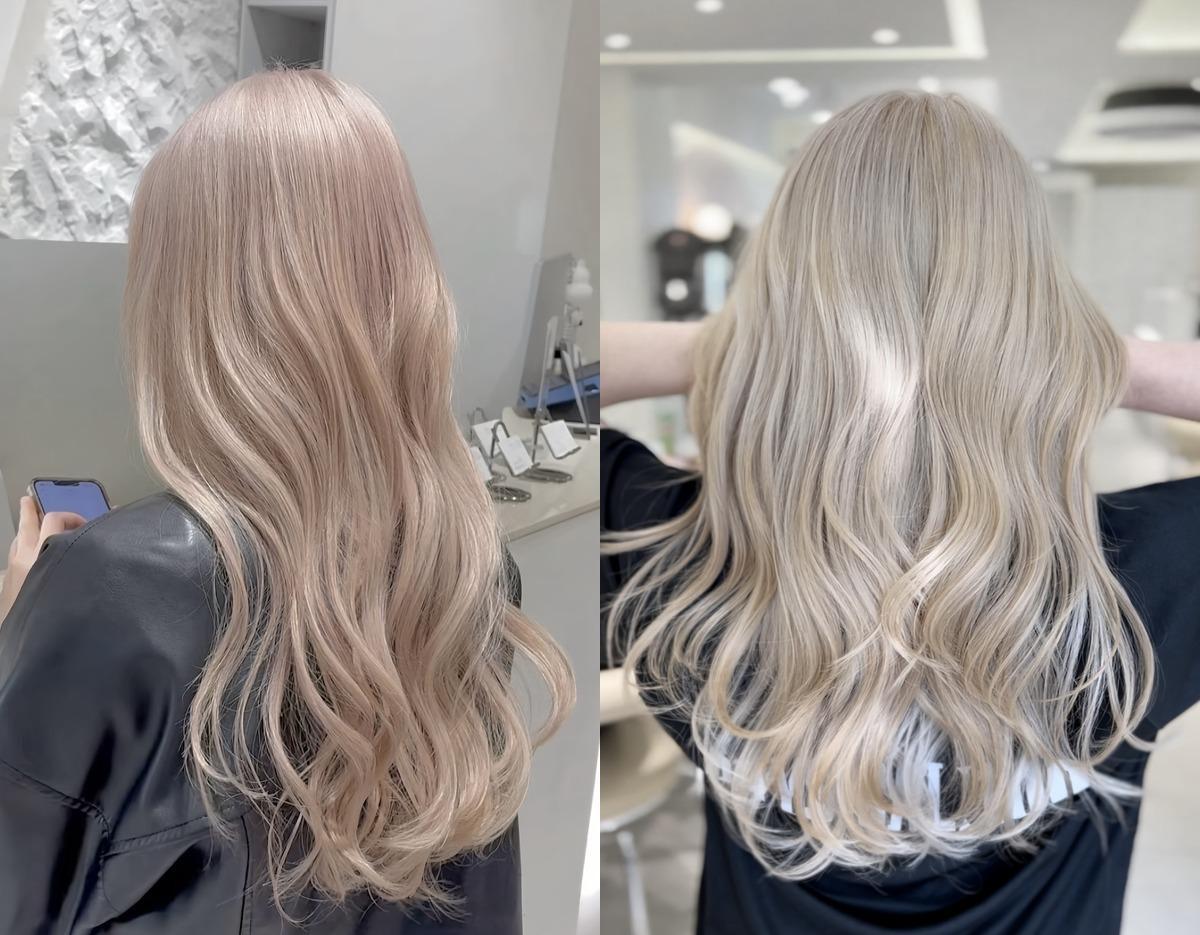 split image showing two back views of long, wavy platinum-blonde balayage hair styles at 깔살롱 강남역점 hair salon