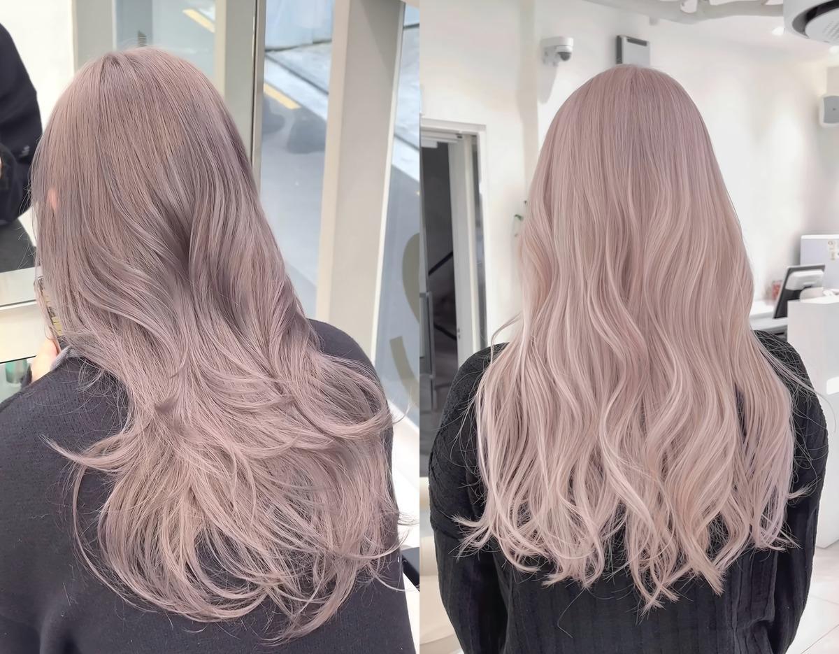 pastel ash pink long wavy hair from back showing soft layered balayage at 깔살롱 강남역점 color salon