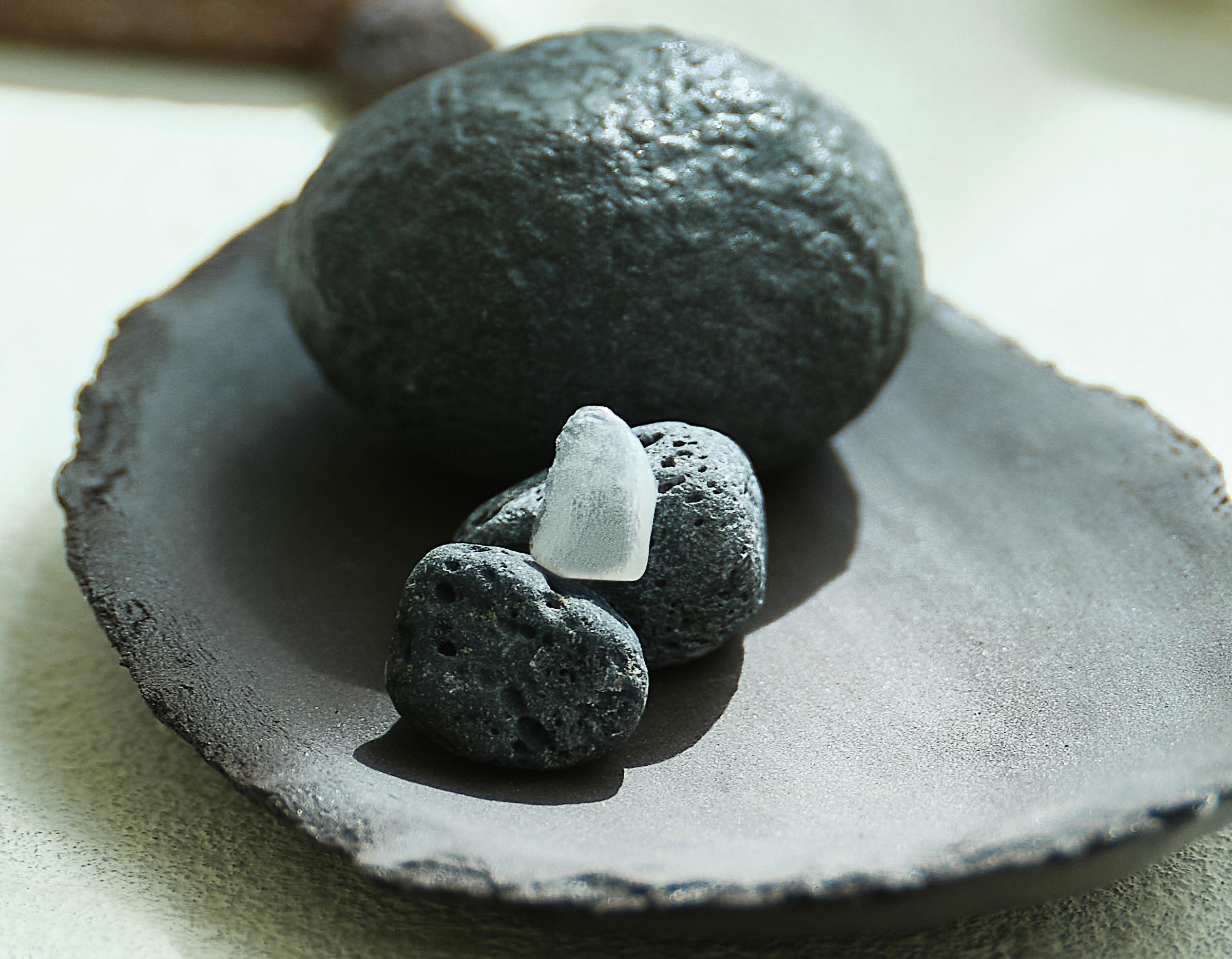 small white dental veneer resting on dark porous stones on a shallow ceramic dish, Lucid Dental Clinic context
