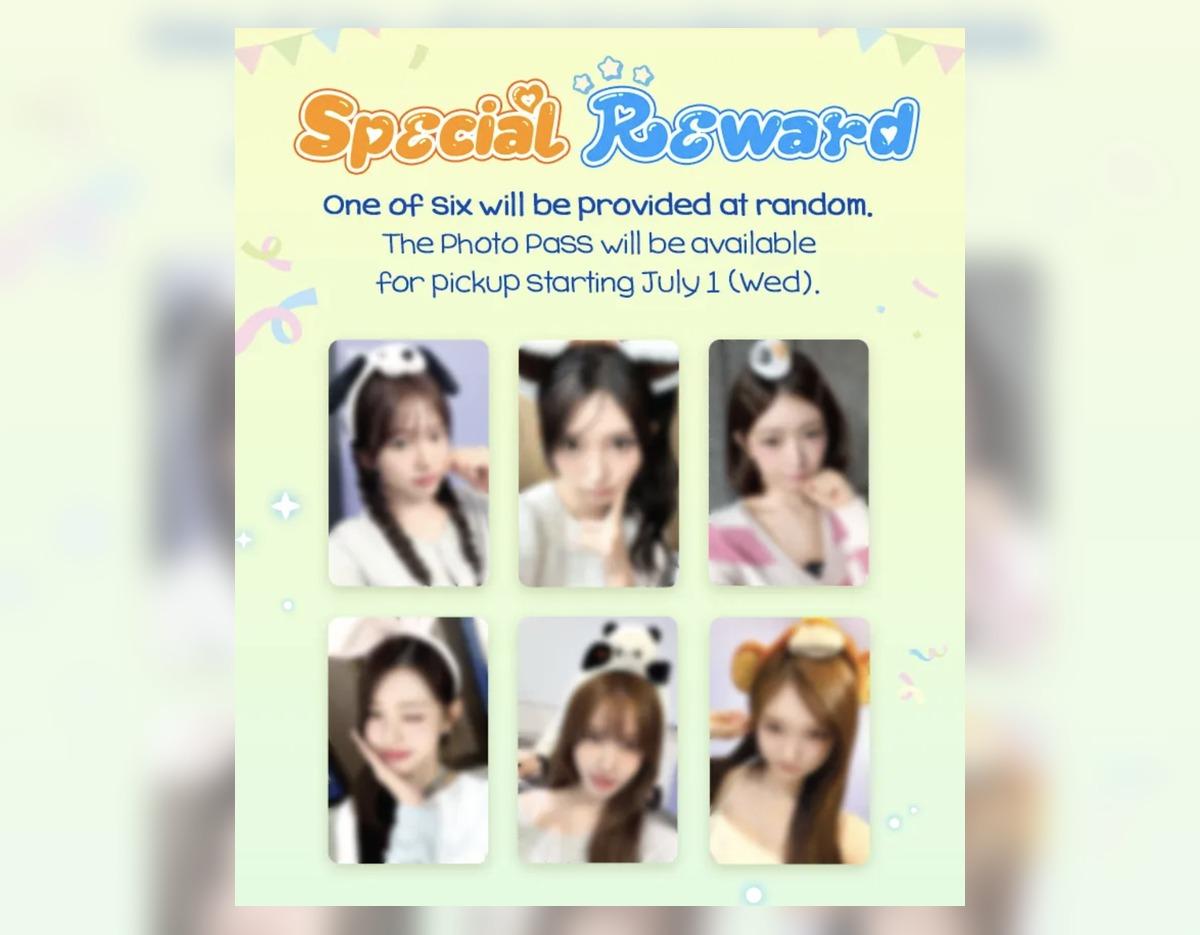 Pastel poster titled "Special Reward" showing six blurred portrait photocard slots with decorative confetti and pickup date text.