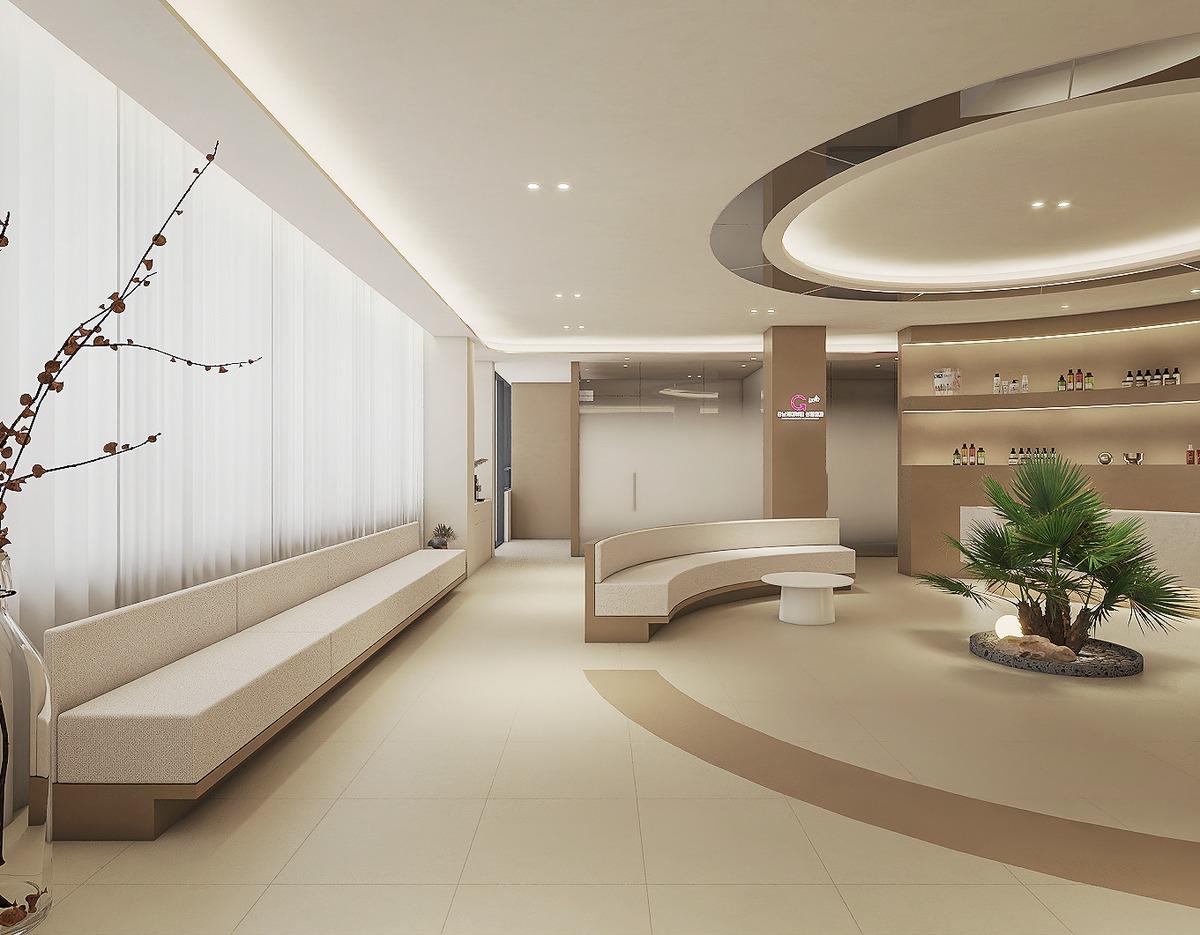 Bright minimalist clinic waiting area with curved beige seating, long window bench, circular ceiling light and indoor plant display