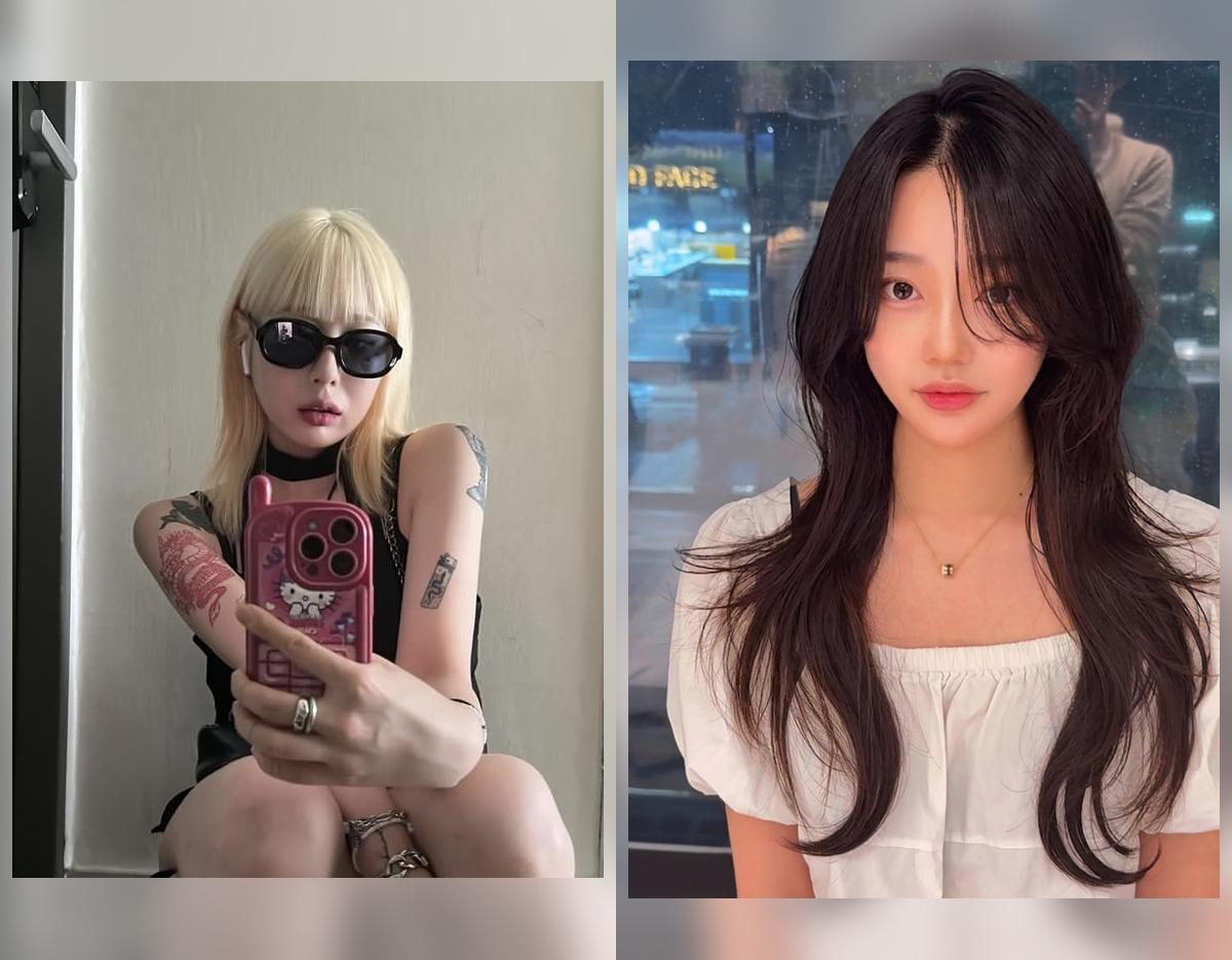 Side-by-side salon before-and-after: left edgy blonde with sunglasses taking mirror selfie, right long dark layered hair with soft makeup.