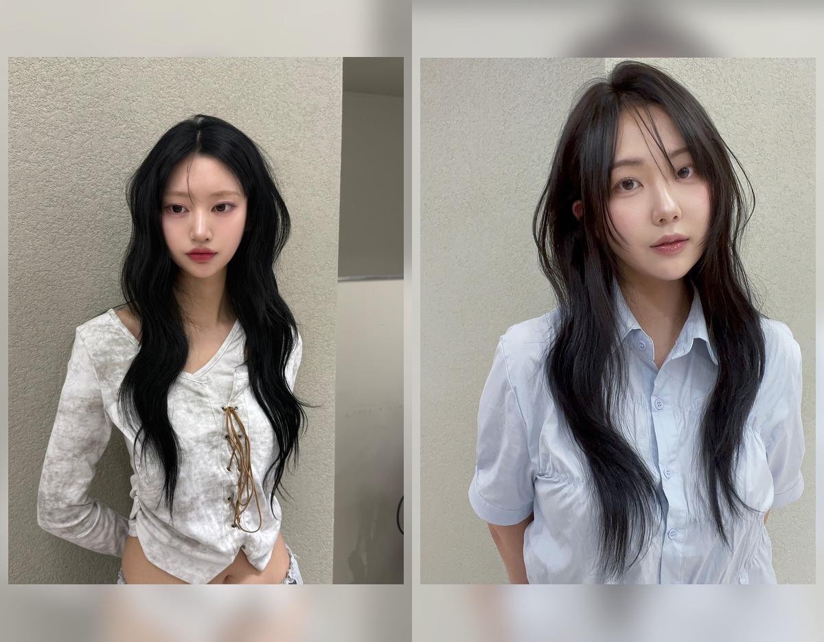 side-by-side portraits of two women with long layered dark hair and soft waves against a neutral textured wall