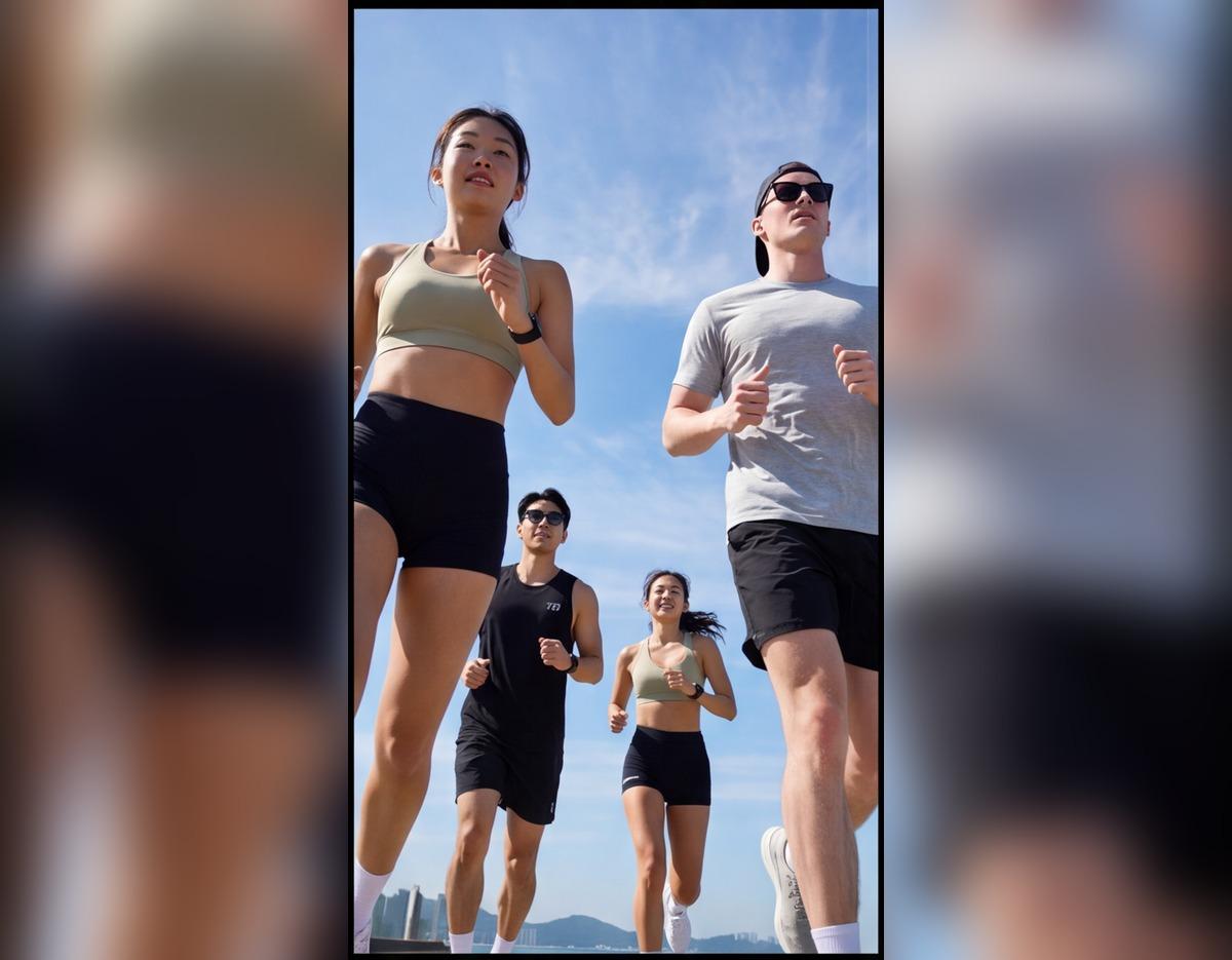 비치런 앤 쿨링 인 GHB: four runners in athletic gear jogging on Busan Songjeong beach under blue sky during group beach run.
