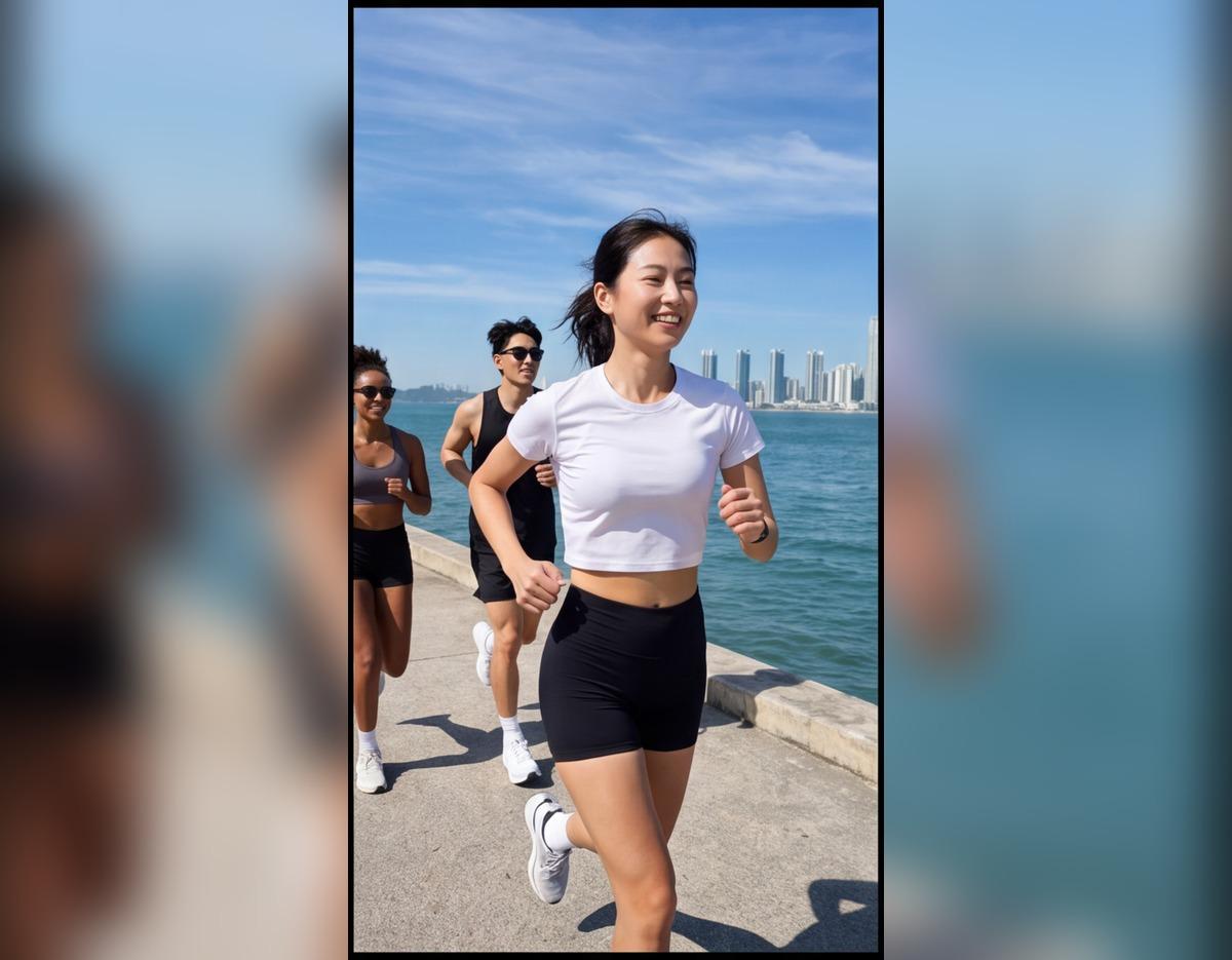 Young Asian woman in white crop top and black shorts leading a small diverse group running along Busan waterfront promenade