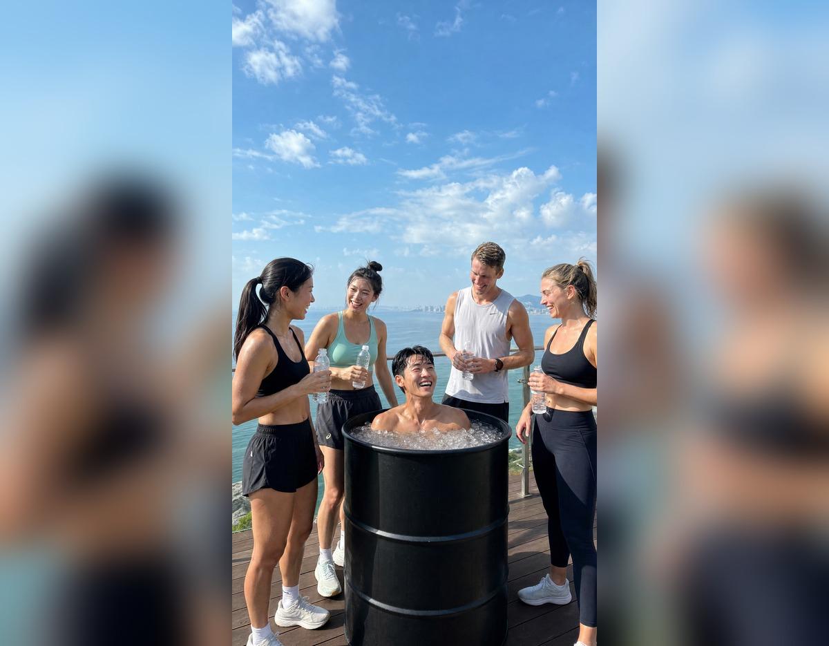 group of five runners laughing on a seaside deck, one sitting in an ice bath barrel surrounded by teammates holding water bottles under blue sky