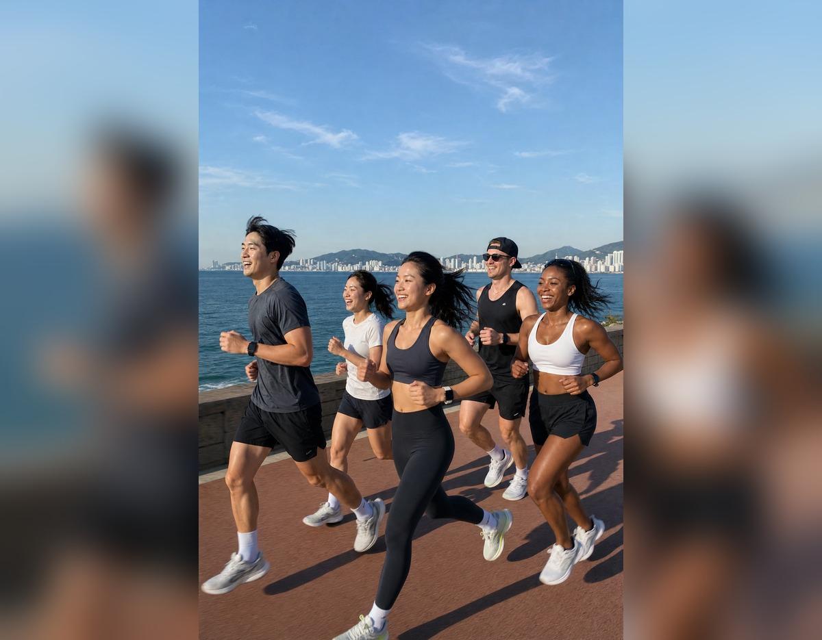 Group of diverse runners smiling and jogging along Busan Songjeong beachfront promenade with ocean and city skyline behind