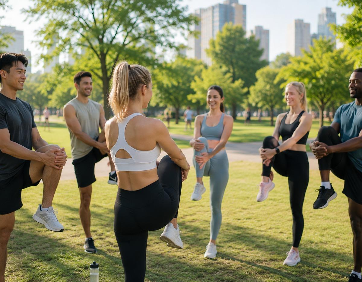 BUSAN-JIN MEDICOVERY RE-PULSE group in park doing guided warm-up: coach and participants standing on grass pulling knees to chest.