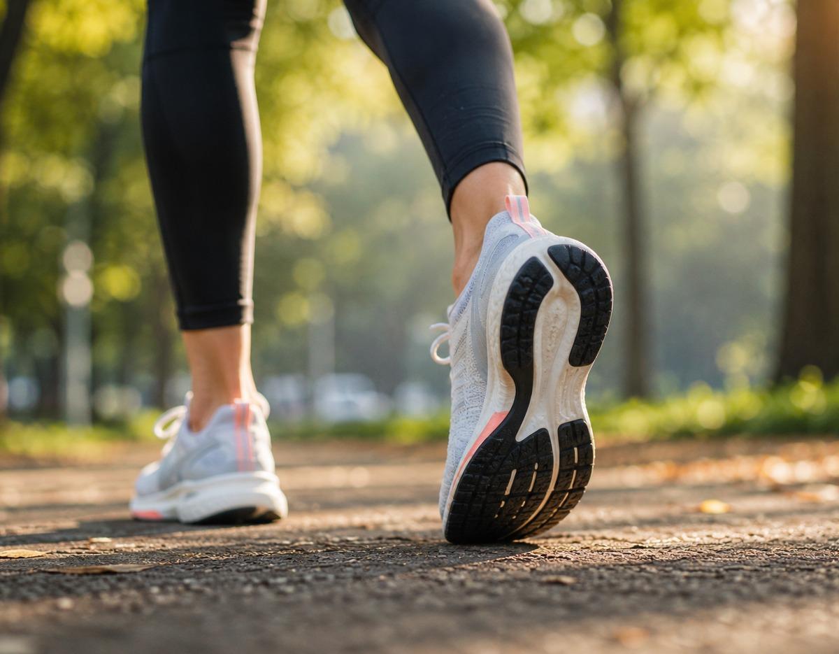 BUSAN-JIN MEDICOVERY RE-PULSE participant's close-up of running shoes and calves jogging on a sunlit park path