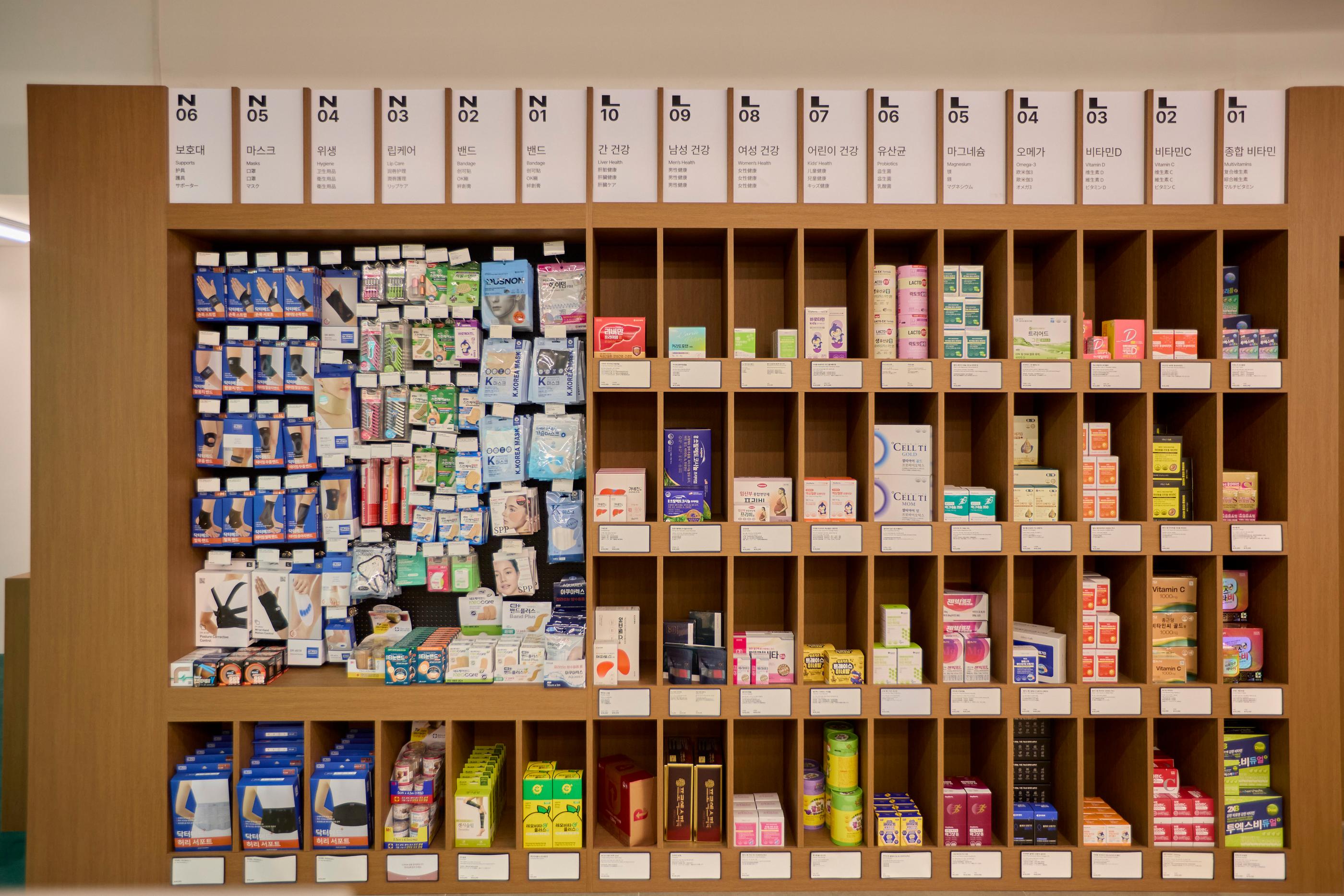 Pharmacy product shelves