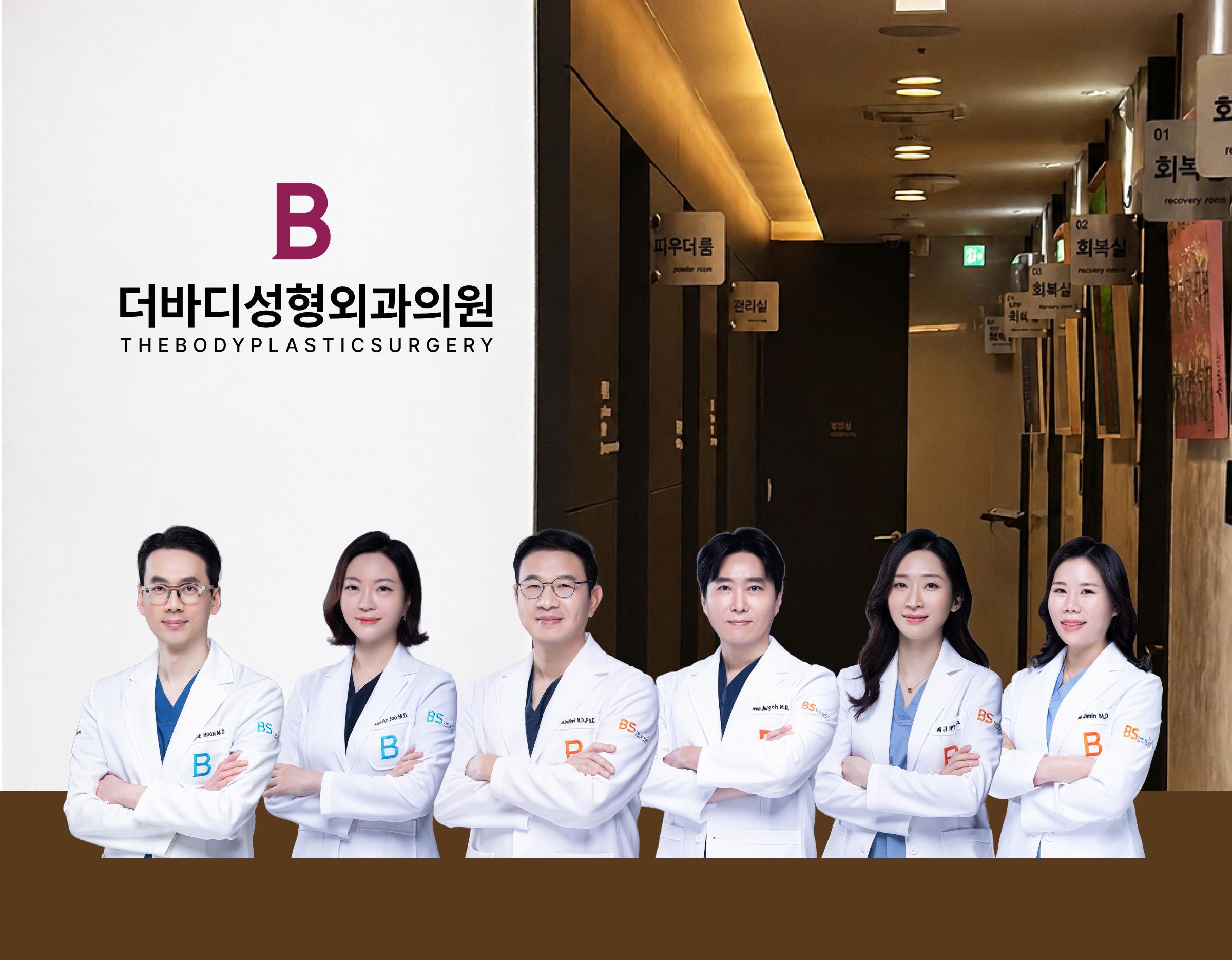 Clinic logo on wall with six plastic surgeons in white coats standing with arms crossed in a corridor setting