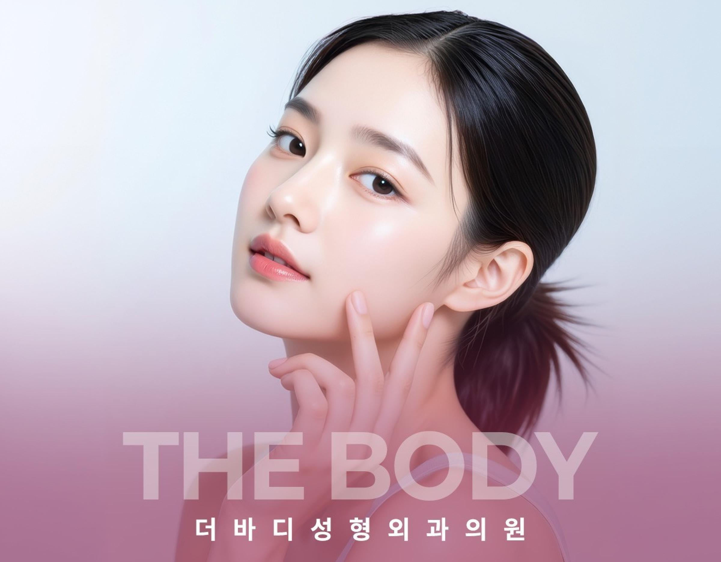 Close-up of a woman with clear dewy skin and hair tied back, hand near jawline over pink gradient "THE BODY" text.