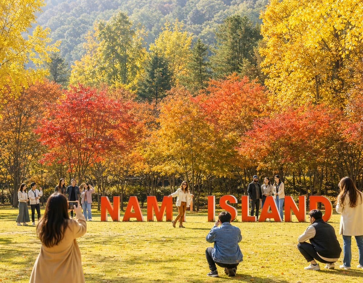 Visitors pose and take photos in front of large red "NAM ISLAND" letters with autumn trees in yellow, orange, and red.