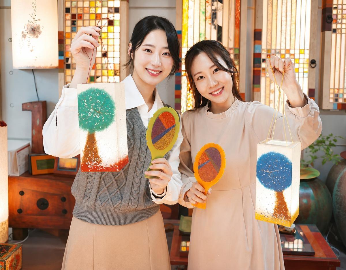 Two women smiling in a workshop holding handmade hanji lanterns and colorful hand mirrors against stained-glass style background