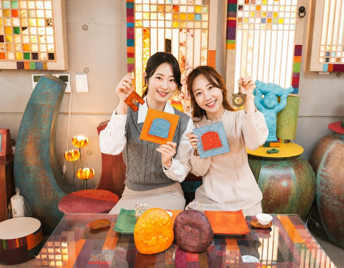 Two smiling women in a colorful studio holding finished hanji craft pieces—decorative square frames and a keyring—on a table of handmade items.