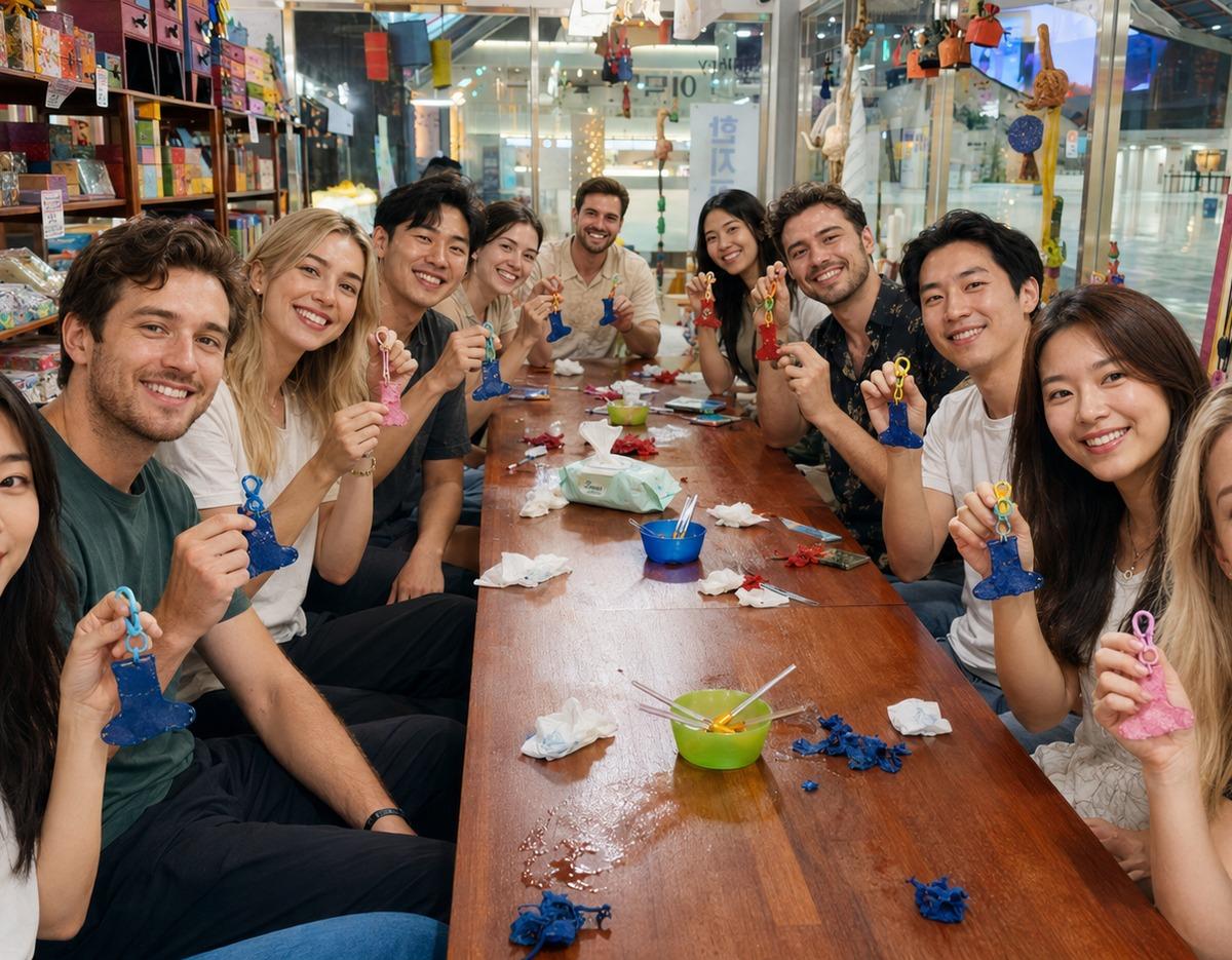 Group of smiling participants seated around a long table showing handmade colorful hanji keyring crafts during workshop.