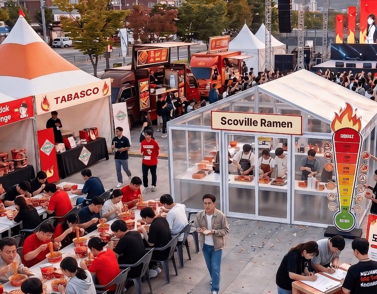Outdoor festival scene with rows of people eating spicy "Scoville Ramen" near Tabasco tent and a spice-level meter sign