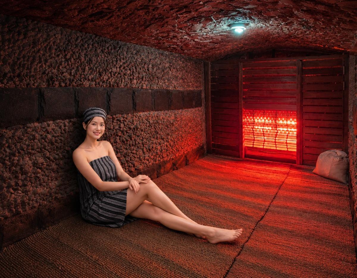 Woman in striped towel and head wrap sitting inside a warm clay-walled Korean hanjeungmak steam room with red infrared light