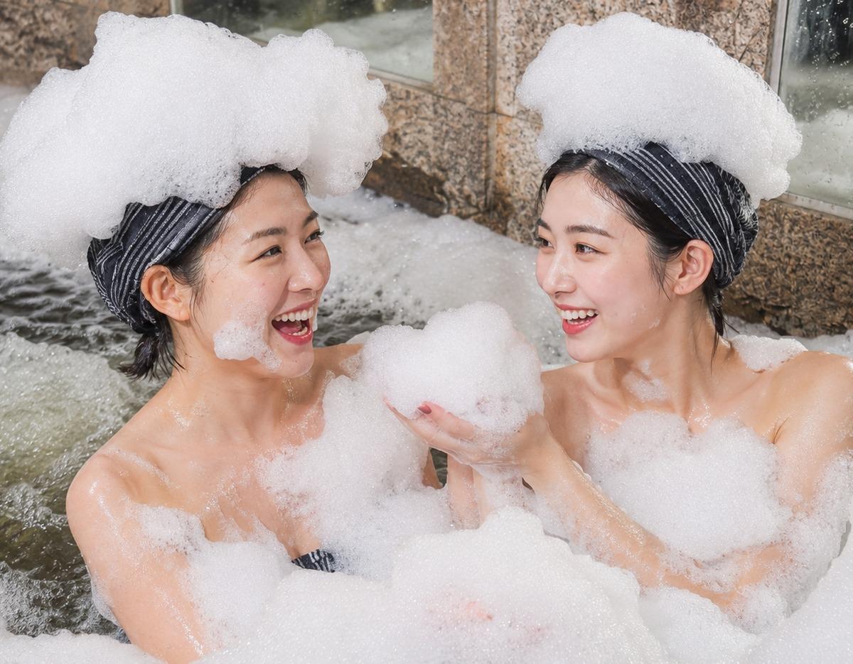 Two smiling women in a foam-filled bath with striped head towels, playfully holding bubbles in a spa setting