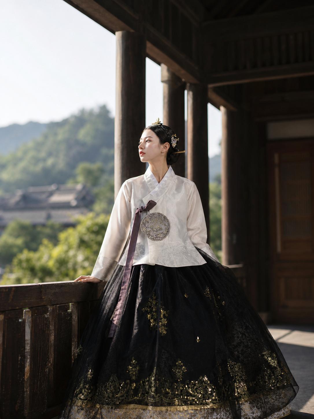 Woman in a white jeogori and black, gold-embroidered chima hanbok standing on a wooden pavilion balcony, looking left